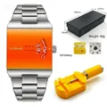 Trendy orange square men's quartz watch with silver steel band, gift box and tool set - With Yellow Link Remover Set / Orange Dial Silver Strap