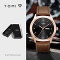 TOMI minimalist unisex watch featuring dual calendar and premium brown leather strap - Gold Case Coffee Strap