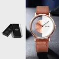 Minimalistische TOMI-Uhr mit hohlem Zifferblatt, braunem Lederband und Roségold - Roségoldenes Gehäuse Hellbraunes Armband