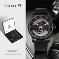 Montre à quartz TOMI pour homme avec cadran squelette unique et bracelet en cuir noir - Boîtier Noir Bracelet Noir / Avec Emballage Complet de Boîte Cadeau