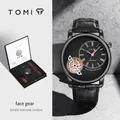 Orologio al quarzo da uomo TOMI face gear con cinturino in pelle nera e scatola - Quadrante Nero Cassa Oro Rosa Cinturino Nero (T103-1)
