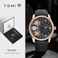 Orologio al quarzo da uomo TOMI con cinturino in pelle e quadrante creativo a ingranaggi. - Cassa Oro Cinturino Nero