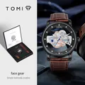 Montre à quartz TOMI pour homme avec bracelet en cuir brun et cadran squelette élégant - Montre Coffret Cadeau avec 2 Bracelets / Boîtier Noir Cadran Noir Engrenage Noir