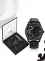 TOMI Heren Business Quartz Horloge met Zwart Leren Band en Premium Geschenkset - Model T106-1 / Cadeauset (Inclusief Reserveband) / Zwarte Kast Zwarte Band