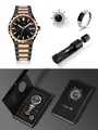 TOMI minimalist business watch gift set including ring, brooch and strap adjustment tool - Black Dial Black Rose Gold Band Set / Black Gold (T302-2)