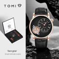Orologio al quarzo da uomo TOMI face gear in stile business con cinturino in pelle nera - Quadrante Nero Cassa Oro Rosa Cinturino Marrone (T103-5)