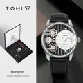 TOMI heren kwartshorloge zakelijk met leren band, tandwiel wijzerplaat en geschenkdoos. - Model T106-3 / Cadeauset (Inclusief Reserveband) / Zilveren Kast Zwarte Band