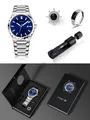 Premium TOMI men's silver stainless steel watch set with blue dial, ring and earring - Blue Dial Silver Band Set / Silver Blue (T302-4)