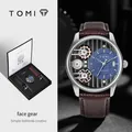 TOMI zakelijk heren kwartshorloge met bruine leren band en uniek blauw wijzerplaat - Model T106-4 / Cadeauset (Inclusief Reserveband) / Zilveren Kast Bruine Band