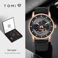 Montre à quartz TOMI pour homme avec cadran squelette et bracelet en cuir noir élégant - Montre Coffret Cadeau avec 2 Bracelets / Boîtier Or Rose Cadran Noir Engrenage Noir