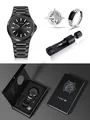 TOMI men's minimalist black steel watch set including ring, brooch and elegant gift box. - Watch and Bracelets Gift Box Set / Black (T301-1)