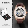 Montre à quartz TOMI pour homme avec bracelet en cuir marron et cadran squelette transparent - Montre Coffret Cadeau avec 2 Bracelets / Boîtier Or Rose Cadran Blanc