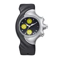 Close-up detail of futuristic Y2K asymmetrical silver quartz watch with yellow dials - In Stock / Yellow Dial 6-Hand