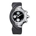 Detail view of a Y2K futuristic watch with a distorted silver case and black dial - In Stock / Black Dial 6-Hand