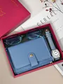 Retro women's gift box with blue strap quartz watch, cardholder wallet, and glasses. - Sky Blue