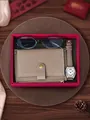 Luxurious detail view of LUCKYFOX vintage watch gift set including wallet and glasses - Apricot