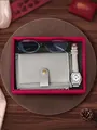 Detail view of Lucky Fox vintage gift set including women's watch, wallet, and glasses. - White