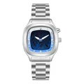 Dettaglio di un orologio in acciaio inossidabile argento con quadrante a motivo di fiamme blu - Blu fiamma (cinturino in acciaio massiccio)