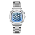 Dettaglio di un orologio al quarzo retrò Y2K con quadrante drago blu e cinturino in acciaio. - Design drago (cinturino in acciaio massiccio)