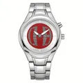 Silver stainless steel Y2K vintage quartz watch with unique red dial motif for men - Round Red Dial