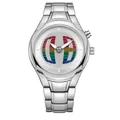 Vintage Y2K silver quartz watch with rainbow dial and polished metal link strap - Round White Face