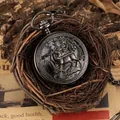 Montre à gousset mécanique rétro avec motif de cerf gravé en métal gris - Cerf Sculpté à Jour / Boîtier Noir Cadran Blanc PM037