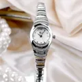 Elegant silver women's bracelet watch with rhinestone accents and a clean white dial. - Silver Case White Dial Silver Band