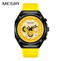 Reloj cronógrafo deportivo MEGIR para hombre con caja negra y correa de silicona amarilla - Amarillo