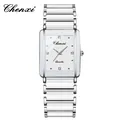 Chenxi elegant white ceramic square quartz watch with link bracelet and silver accents - Men's White - Artistic Style