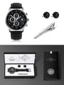 TOMI men's quartz watch gift set with cufflinks and tie clip in elegant box - Black Left Three-Eye Round Cufflink Set