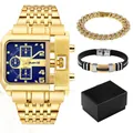 Coffret cadeau montre Oulm en or pour hommes avec bracelet acier et gourmettes luxe - Ensemble Bracelet (3364) / Boîtier Doré Cadran Bleu