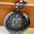 Montre de poche mécanique noire vintage avec couvercle à motif d'étoile creuse et style rétro - Style Manuel Noir
