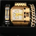 Coffret montre de luxe Oulm dorée pour homme avec cadran carré et bracelets - Ensemble Bracelet (3364) / Boîtier Doré Cadran Blanc