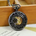 Montre à gousset mécanique vintage noire avec motif d'étoile creux et chaîne - Noir