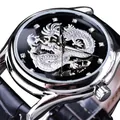 Montre automatique Forsining de luxe pour homme avec cadran squelette dragon argenté et cuir - Boîtier Argenté Cadran Noir