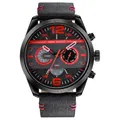 MINI FOCUS men's multi-function quartz watch with black leather strap and red stitching - Red Accents Black Case Black Strap (01)