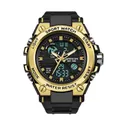 Rugged military sport watch with gold bezel and black silicone strap, waterproof digital display - Black Gold Men (739)
