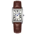 Montre à quartz carrée SAMDA avec bracelet en cuir marron et chiffres romains - Cuir Café Boîtier Argent Cadran Blanc (Hommes)