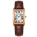 Montre à quartz carrée vintage avec cadran à chiffres romains et bracelet en cuir brun - Cuir Café Boîtier Or Rose Cadran Blanc (Hommes)