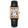 Montre à quartz carrée élégante avec bracelet en cuir noir et cadran à chiffres romains - Cuir Noir Boîtier Or Rose Cadran Blanc (Hommes)