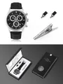 Detailed view of the TOMI men's watch gift set including cufflinks and tie clip - Black Inverted Three-Eye Square Cufflink Set