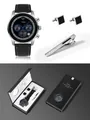 TOMI men's quartz watch gift set with black strap, cufflinks, and tie clip in a box - Blue Inverted Three-Eye Square Cufflink Set