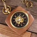Montre à gousset mécanique carrée en bois de séquoia avec cadran squelette et chaîne - Bois de Pêcher Clair