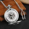 Montre à gousset mécanique argentée avec cadran squelette ajouré et chaîne assortie - Style Chiffres Arabes Argent