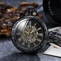 High-quality vintage black skeleton mechanical pocket watch with Roman numerals - Black Gold