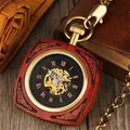 Montre de poche mécanique carrée en bois rouge vintage avec motifs floraux sculptés - Santal Rouge à Bord Noir