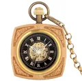 Montre à gousset mécanique carrée en acajou vintage avec motifs floraux gravés - Comme indiqué
