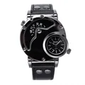 Montre à quartz de sport pour homme avec double fuseau horaire et bracelet en cuir noir. - Style Boîtier Noir Cadran Noir Bracelet Noir (9591) / Noir