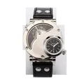 Montre de mode Oulm pour homme avec double fuseau horaire et bracelet en cuir noir - Style Maille Argentée Cadran Noir (9591) / Noir