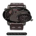 Montre à quartz de sport Oulm pour homme à double fuseau horaire, boîtier noir et bracelet brun - Style Maille Noir Cadran Café (9591) / Café